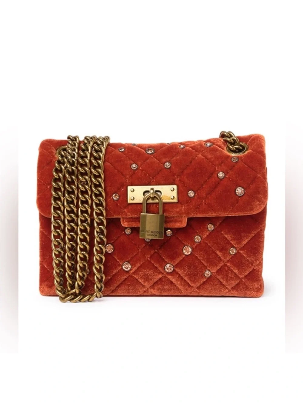 Kurt Geiger‎ Crossbody Bag Orange Velvet Mini Brixton Quilted Studded Luxury